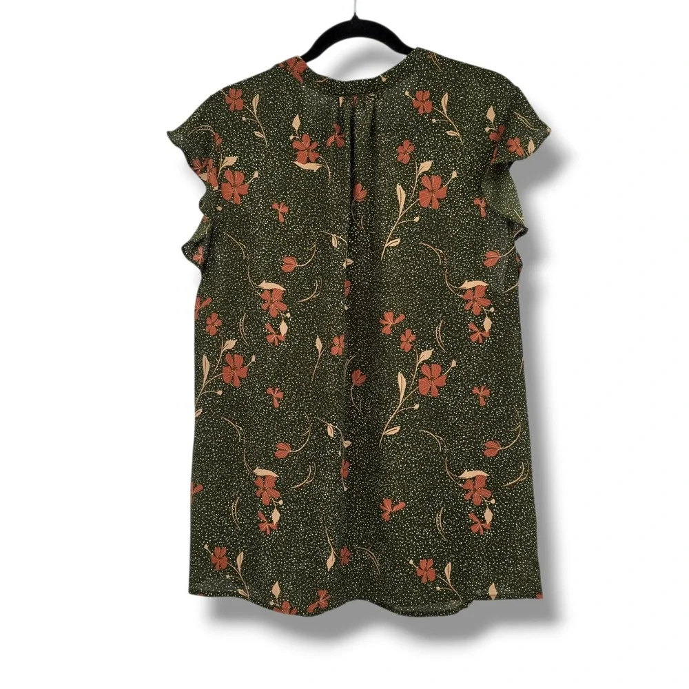 Les Serein Womens 2X Olive Green Floral Ruffle Cap Sleeve V-Neck Tie Blouse - Picture 2 of 10